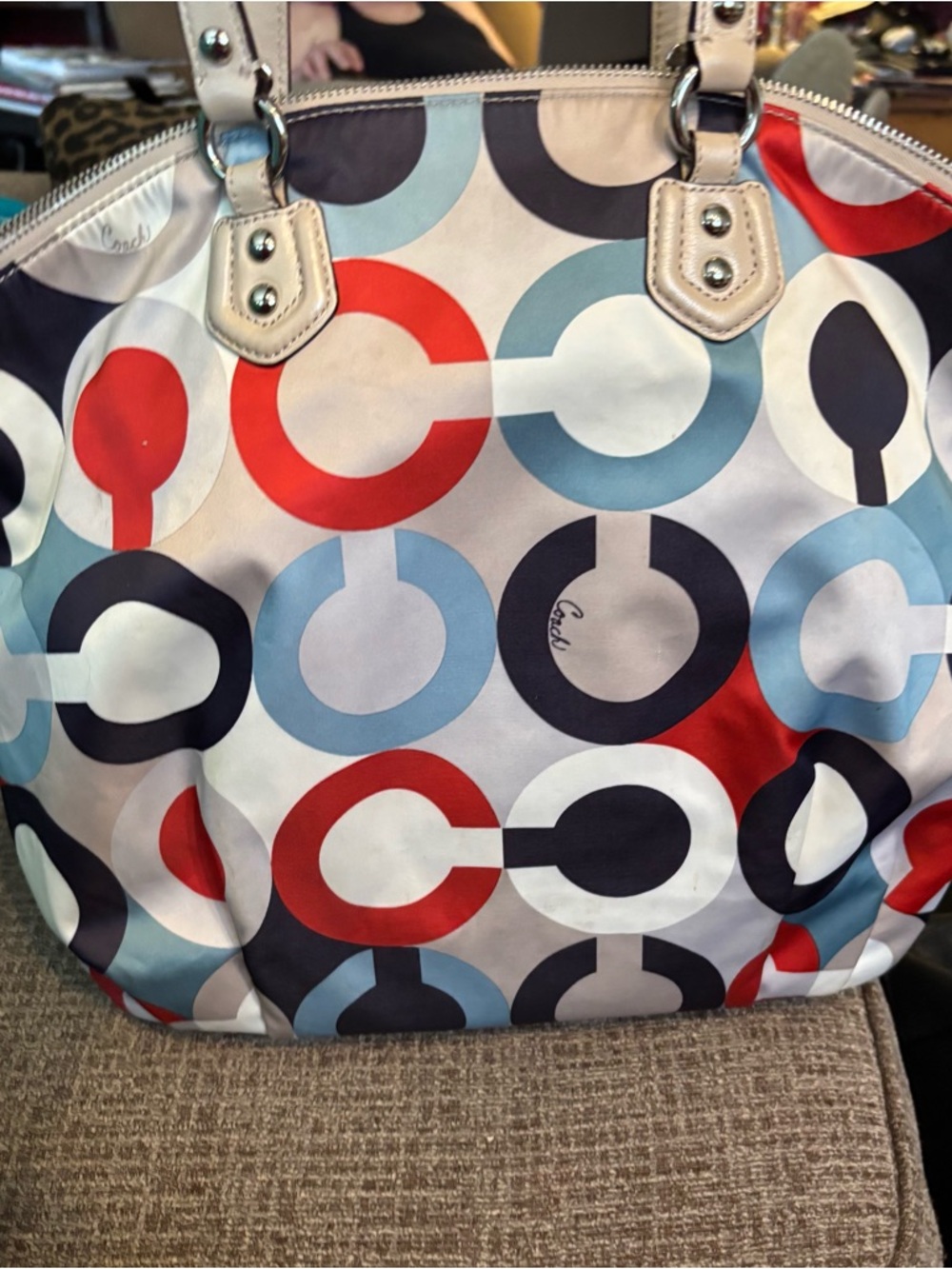 Coach Multicolor Circle Print Shoulder Bag - Red, Light Blue, Navy, Cream